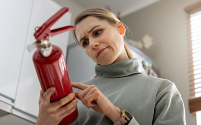 A woman checks the date on a fire extinguisher in her home