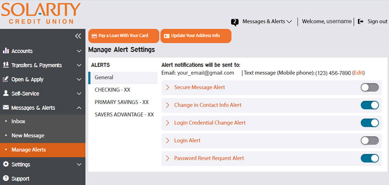 Setting up general alerts in online banking