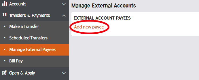 Click Add new payee from the Manage External Payees menu