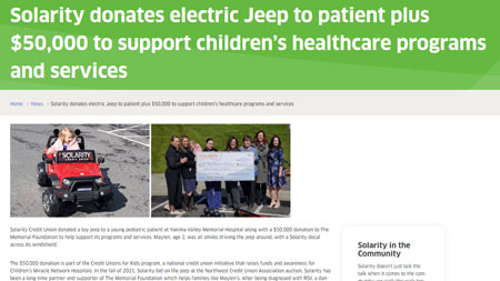 Solarity donates electric jeep to patient plus $50,000 to support children's healthcare