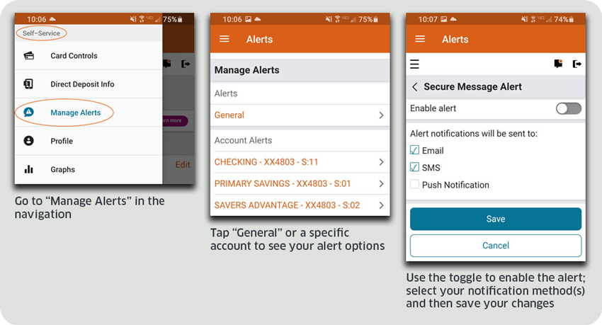 Screen shots of how to set up alerts in the mobile app