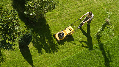 A man is mowing the lawn to create defensible space