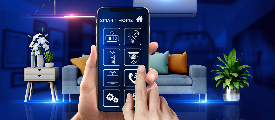 A person is using a phone to control smart devices in their home