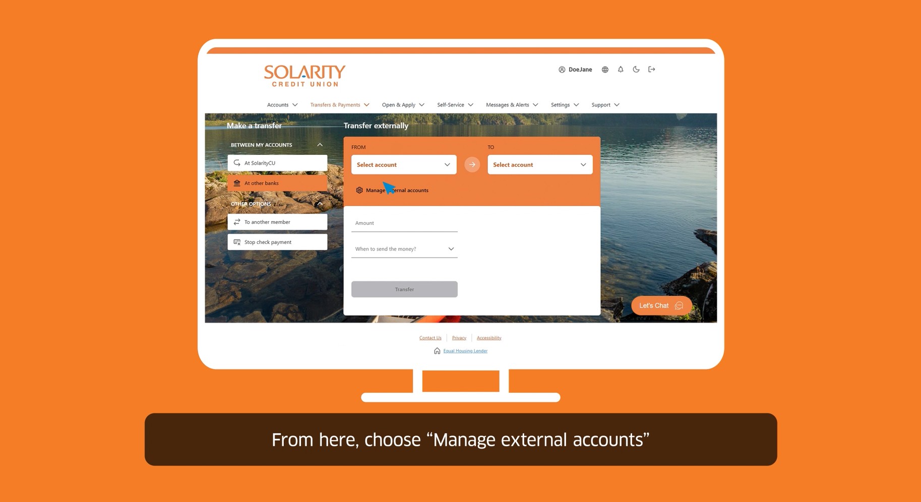 external transfers screen on desktop