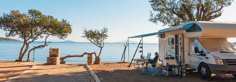 RV camper parked next to a lake